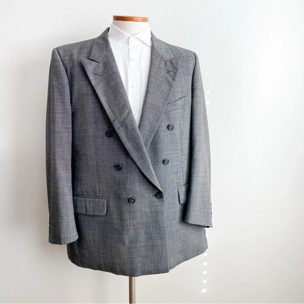 Burberry Vtg Double Breasted Wool Blazer Sport Coat Jacket Peak Lapel Gray 48L